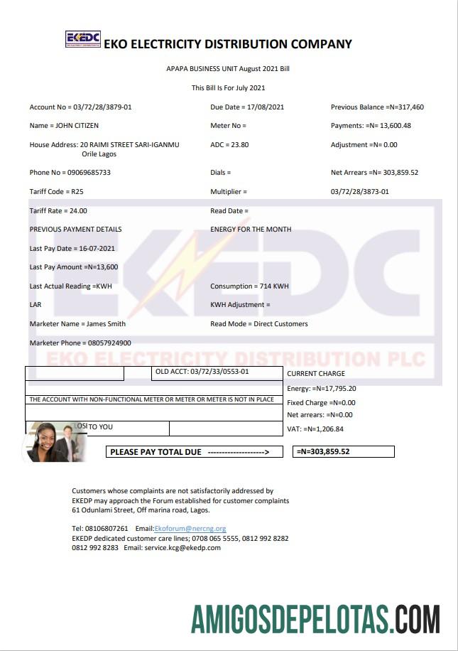 realista Modelo de conta de serviços públicos da Nigeria Eko Electricity Distribution Company (EKEDC) em formato Word e PDF